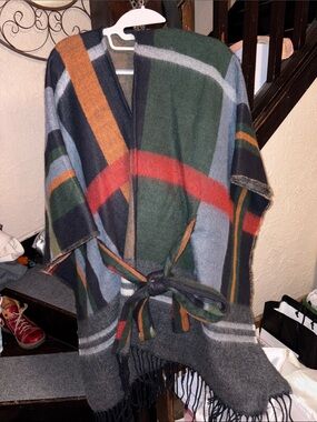 Plaid Fringe Blanket Wrap Cape - Green, Gray, Navy Blue, Gold & Red